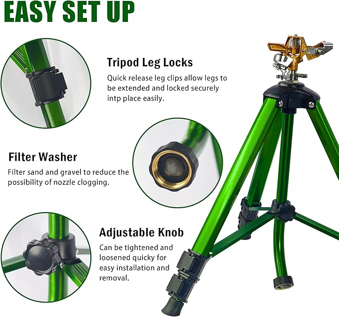 LIULO TOOL Impact Sprinkler on Tripod Base, Tripod Sprinklers with Head, 360 Degree Large Area Irrigation with Extension Legs Flip Locks, Heavy Duty 3/4" Connector for Lawn Yard Garden
