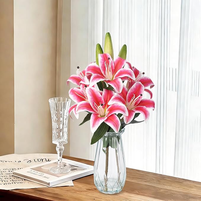 GarveeLife Artificial Tiger Lily Flowers with Vase, Real Touch Easter Lily Faux Flowers for Home Table Centerpieces Wedding Baby Shower Birthday Party Decoration, UV Resistant, 3 Stems with 6 Flowers