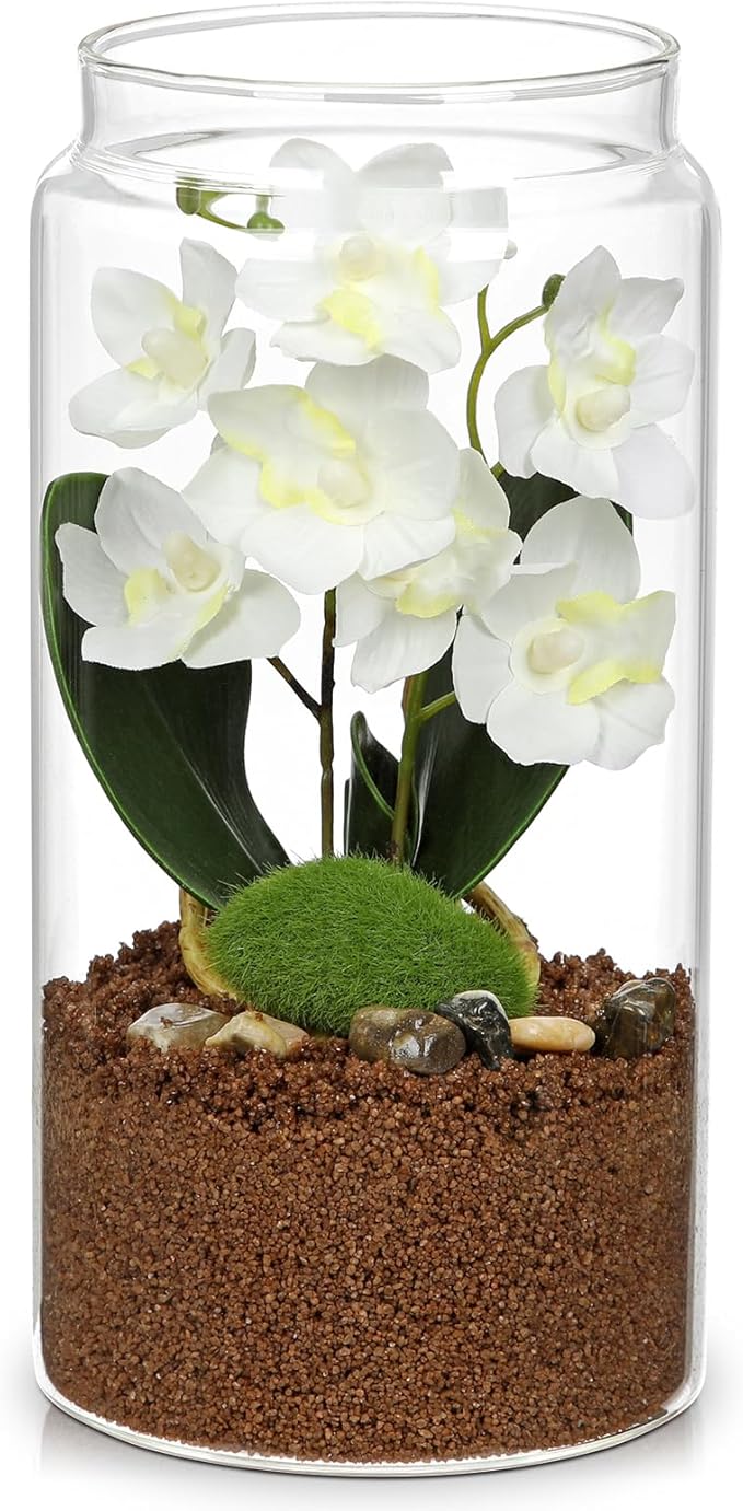 White Orchids Artificial Flowers with Vase, Small Faux Orchid Arrangement Fake Orchids Plant in Terrarium Jar Small White Orchid Centerpieces for Kitchen Dining Room Tables Bathroom Nightstand Decor