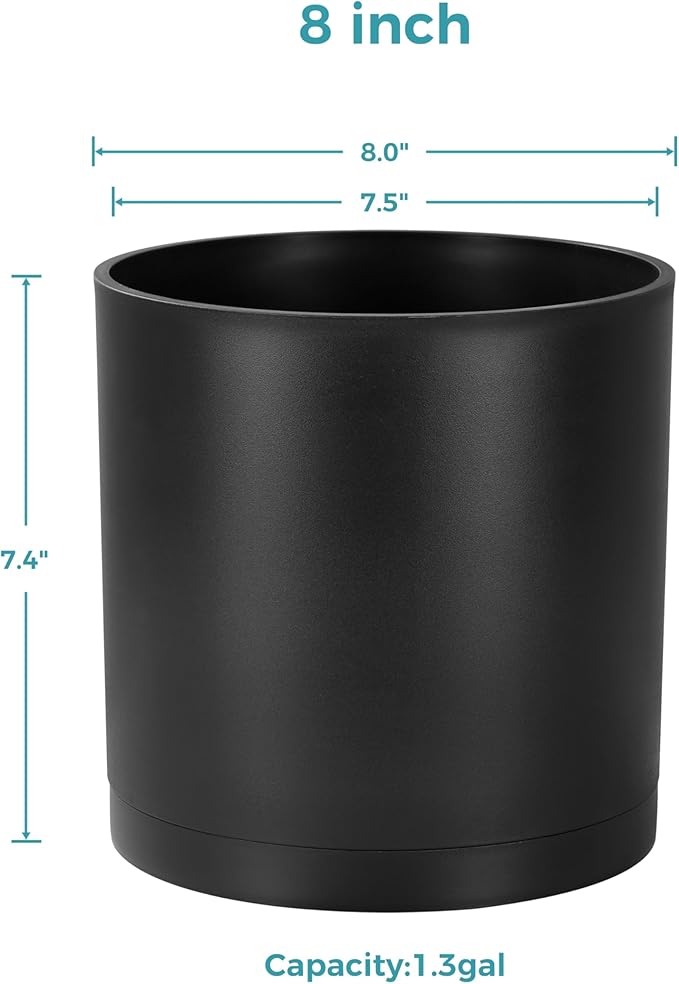 FaithLand 8-Inch Modern Cylinder Planter, Thick-Walled Plastic Plant Pot with Drainage Holes and Detachable Saucer, Matte Black, Ideal for Indoor & Outdoor Plants Flowers