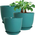 UOUZ 12/10/9 Large Modern Plant Pots, Plastic Planters with Drainage Holes and Saucers for Indoor Outdoor Plants Flowers, Malachite Green