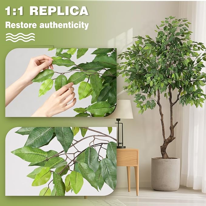 Artificial Ficus Tree 6ft(72in) Faux Floor Potted Tree for Indoor Decor Large Realistic Trees Plants with Silk Leaves and Natural Wood Trunk for Home Living Room,Office Foyer Decor.