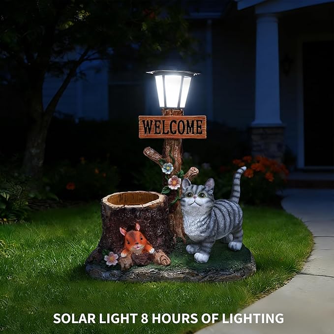 Animal Outdoor Statue Planter Solar Light Welcome Garden Sculpture Resin Flower Pot Decorative Porch Patio Yard Lawn Entryway Figurine with LED Lamp Rustic Plant Holder Ornament Courtyard (C)