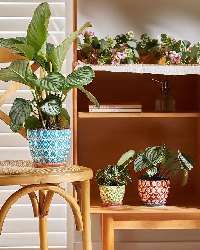 Metahom Ceramic Plant Pots, 4.9 Inch Flower Pots with Drainage Hole & Saucer, Colorful Planter Pots for Houseplants, Succulent, Catus, Home Decor, Set of 4, Vibrant Colors
