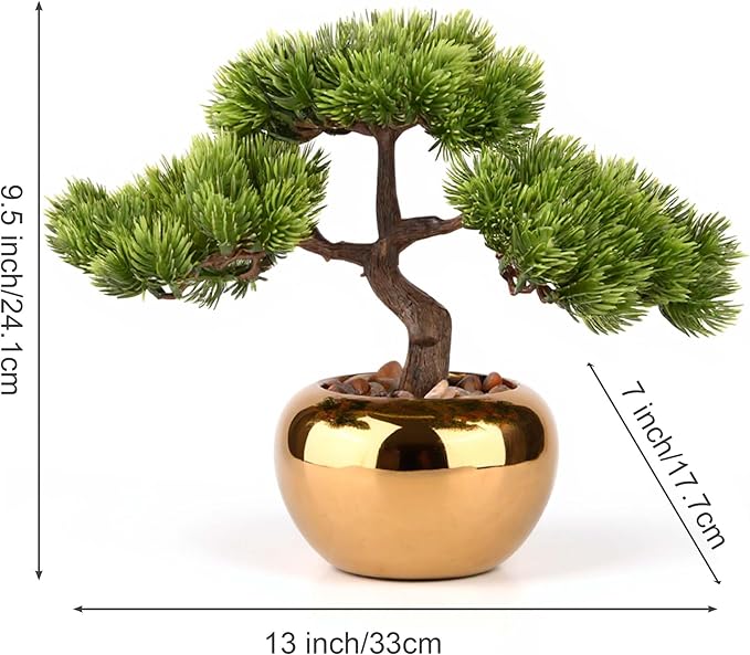 9.5 Inch Artificial Bonsai Tree with Ceramic Pot - Decorative Fake Plant for Home Office Living Room Window Sill, Fake Plants for Year-Round Decoration（Gold）