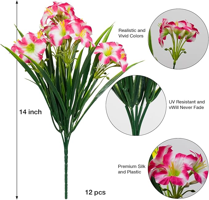LikSoor Outdoors Artificial Flowers Spring Summer Decor Fake Petunias UV Resistant Flower Faux 12 Bundles Realistic Plastic Plant Porch Patio Window Box Garden Decoration (Rose Red)