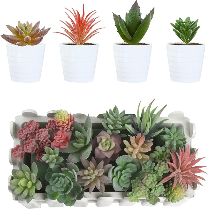 CCINEE 18PCS Artificial Succulent Plants,Mini Assorted Flocking Green Fake Unpotted Echeveria Realistic Agave Floral Faux Lotus for Landscape Garden Arrangement Office and Home Decor