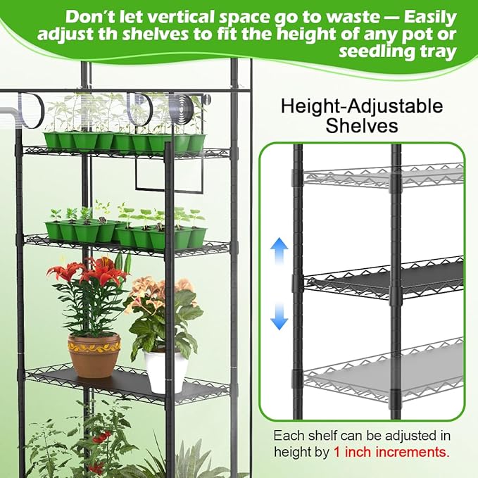 Abimars Walk-in Greenhouse with Height-Adjustable Shelves, Heavy Duty Green House for Outdoors/Indoors, 98% Light-Passing PVC Cover, 82"x57"x29", Black