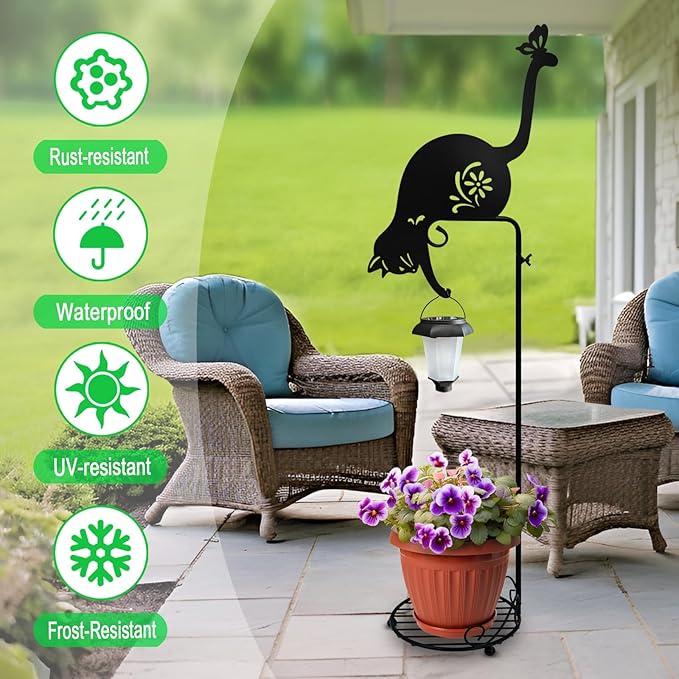 Solar Floor Lamp with Plant Stand Outdoor,Metal Black Cat Garden Decorations,Solar Lanterns Outdoor Front Porch Decor for Deck,Patio,Yard