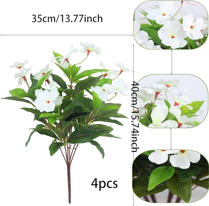 CITYES 4 Pcs Artificial Flowers Outdoor Impatiens UV Resistant Silk Impatiens Flowers White Faux Flowers Impatiens Bushes Artificial Impatiens for Pot Patio Lawn Garden Hanging Basket Porch Decor