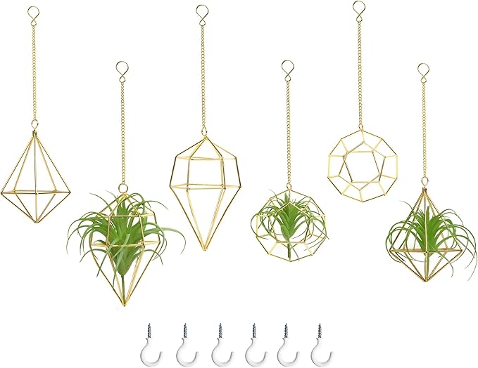 Gold Hanging Air Plants Holders Small Tillandsia Airplants Hangers 6 Pack Geometric Wire Himmeli Air Fern Display Planter with Chains Airferns Metal Hanging Holders