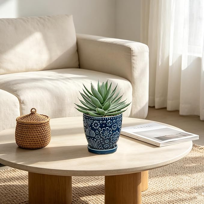 Briful Artificial Succulent Plant in Navy Blue Ceramic Planter with Saucer, Small Fake Agave Plant, Faux Plant Indoor for Desk, Bathroom, Shelf, Office, Farmhouse Home Decor, 9 Inch