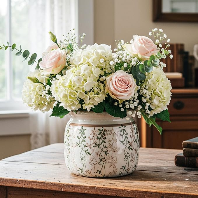 Vintage Planter Large Ceramic Plants Pot Beige Green Vining Lvy Ice Crack Cottage Scroll Vase Flower Vase Pot Indoor Plants Home Kitchen Decor Farmhouse Antique Decorative Gifts