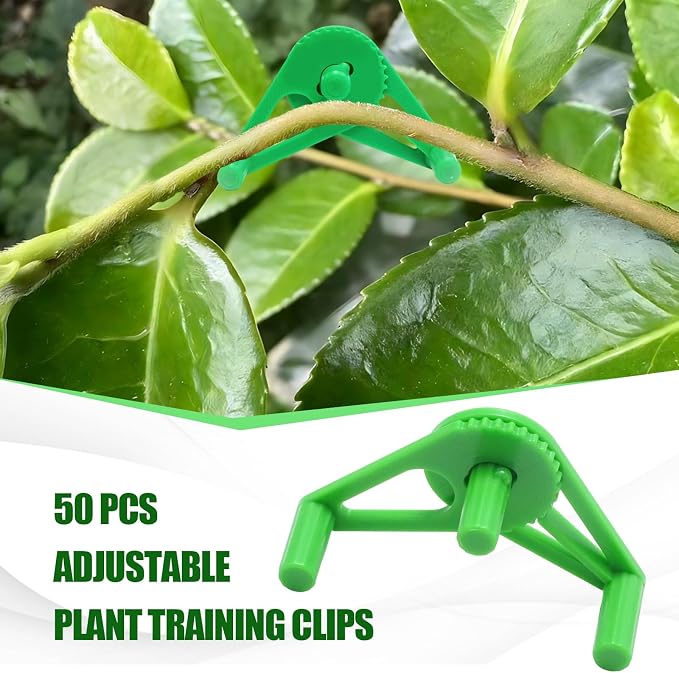 50 PCS Adjustable Plant Training Clips, Green Low Stress Support Clips for Stem Bending, Ideal for Grow Tents and Gardening
