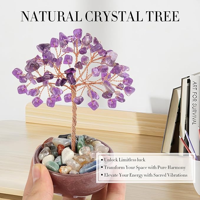 Amethyst Crystal Tree with Ceramic Base,Natural Gemstone Feng Shui Money Tree for Wealth,Good Luck & Positive Energy,Handmade 5 Inch Healing Abundance Bonsai for Home Office Decor