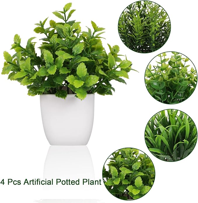 Yoratee 4 Pot Small Fake Plant Flowerpot Artificial Plastic Eucalyptus Plant Wheat Grass Shrub Plant Indoor Desk Coffee Table Bathroom Bedroom Home Decoration (4)