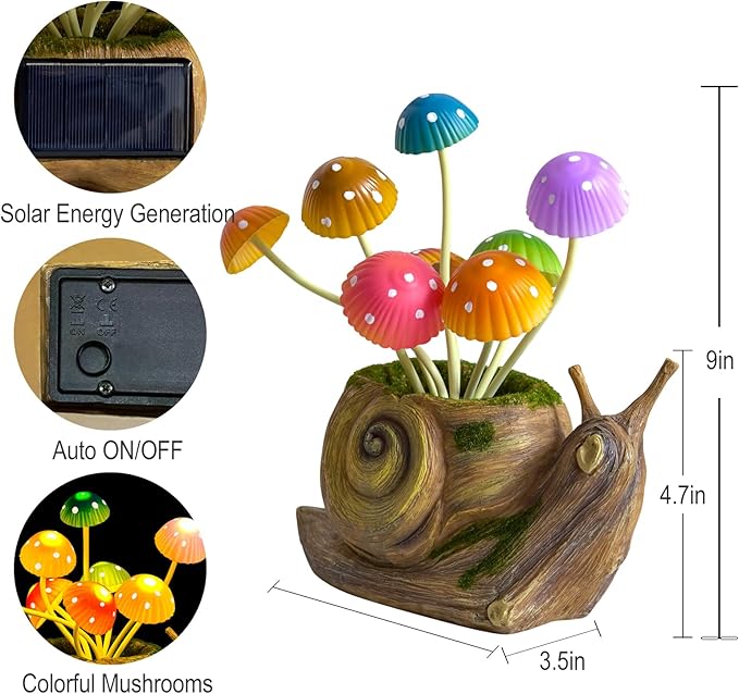 Solar Garden Statues Outdoor, Snail Garden Decor Solar Lights with Mushrooms, Birthday Gifts for Women Mom Grandma, Fairy Accessories for Patio Yard Lawn Backyard Balcony Housewarming Ornament