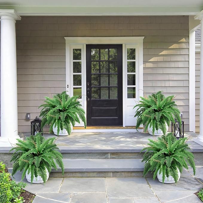 35” Artificial Boston Fern Bush Plant, 2 Faux Ferns for Outdoors Large, Fake Ferns Realistic Artificial Plants with 39 Fronds for Garden Porch Patio Home Office Living Room Decor Green