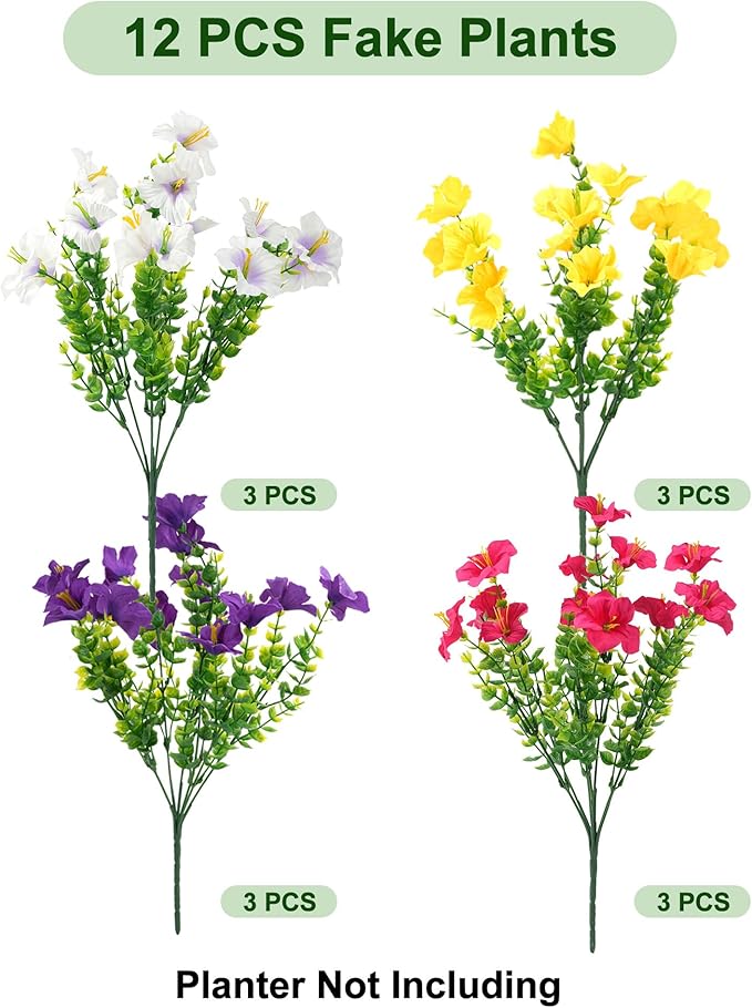 Artificial Flowers for Outdoors Fake Plants Outside Decoration, 12 Bundles Silk Petunia with Eucalyptus UV Resistant Realistic Faux Flowers for Outdoor Planters Garden Balcony (4 Color)