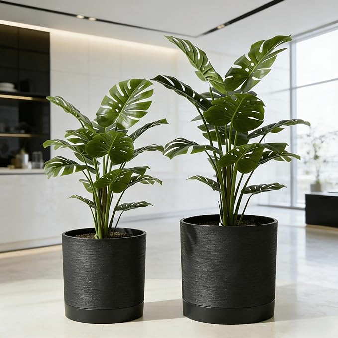 GreenShip Planter Set of 2 (13.7" & 11.8") – Dual-Use Self-Watering or Traditional Indoor Cylinder Flower Pots with Saucers & Side Drainage – Durable Lightweight Clay & Resin Blend