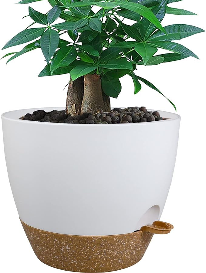 UOUZ 12 inch Large Self Watering Pots, Plastic Planters with 60oZ Removable Deep Reservoir and Multi Mesh Drainage Holes for Indoor Outdoor Garden Plants and Flowers, White with Brown