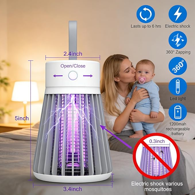 Bug Zapper Outdoor and Indoor Mosquito Zapper, Hanging Rechargeable Mosquito Killer Lamp - Portable UV Insect Trap for Indoor/Outdoor, USB-Powered with Grid for Camping, Bedroom, Patio, Kitchen