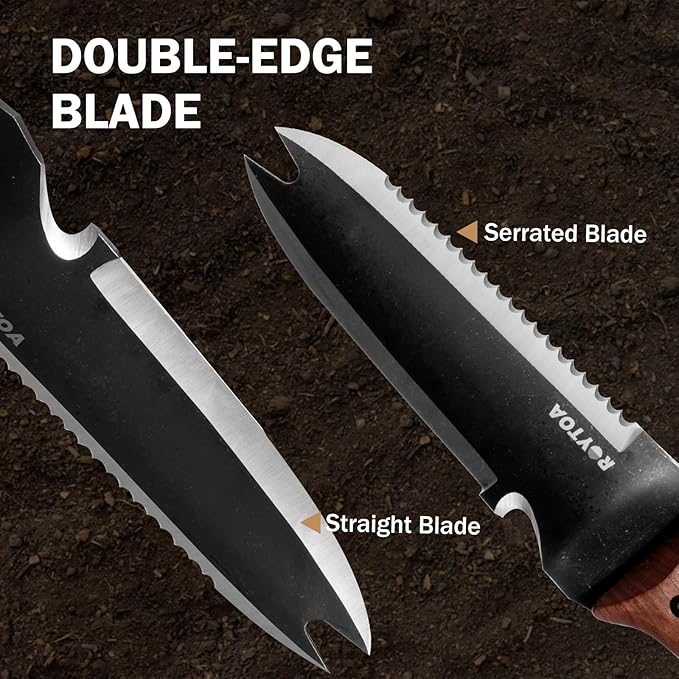 ROYTOA Hori Hori Garden Knife, Garden Tools with Sheath for Weeding,Planting,Digging, 7" Stainless Steel Blade with Cutting Edge, Full-Tang Wood Handle with Hanging Hole