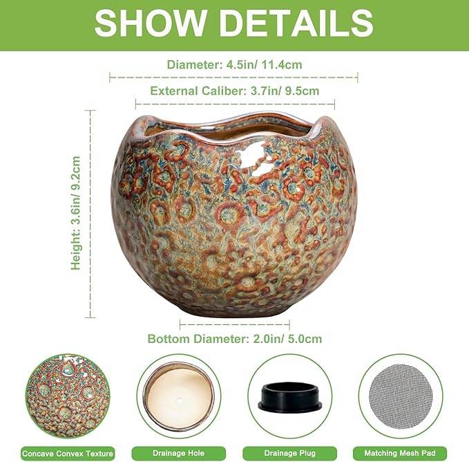 Ceramic Pots for Plants - 4 Inch Plant Pots with Drainage Hole and Plug, Small Succulent Pot for Indoor Plants Outdoor, Modern Flower Pot, Office Decor, Housewarming Gifts, Speckled-Brown