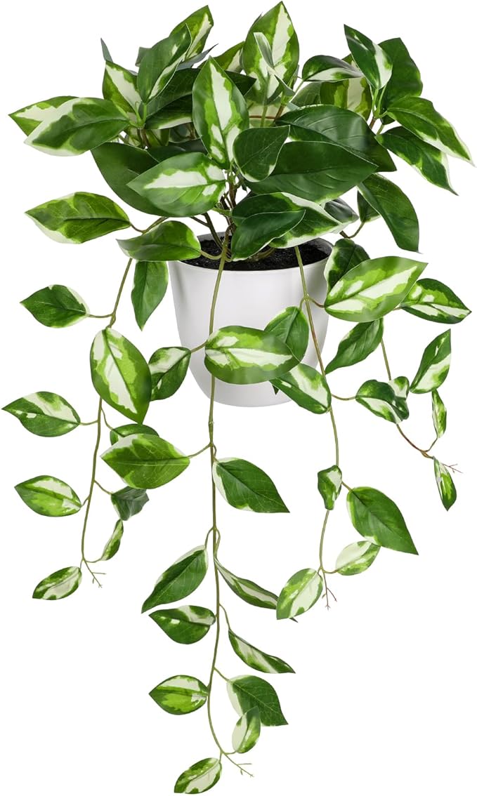 Briful Fake Plants Indoor Greenery Realistic Faux Trailing Plant Artificial Potted Plants in Black Pot White N' Joy Leaf Houseplant for Living Room Table Kitchen Counter Shelf