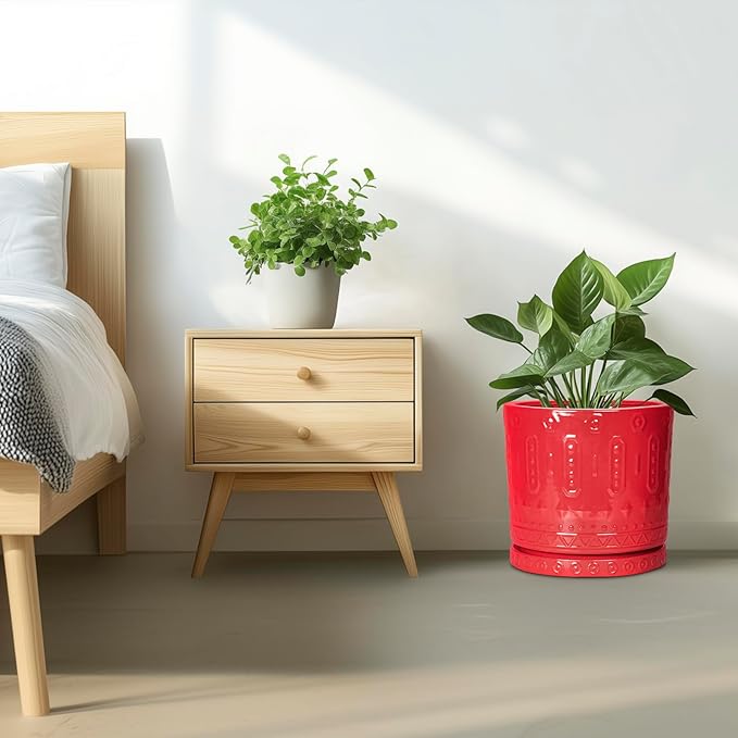 12 Inch Pots for Plants, Ceramic Pots for Plants Indoor Outdoor, Round Flower Pot with Drainage Holes and Saucers, Modern Decorative Planter, Home Porch Decor, Gardening Gifts, Red