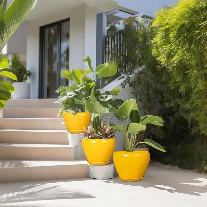Ceramic Planters Set of 3 - Modern Round 10+8+6 Inch Plant Pots with Drainage Holes and Plant Trays for Indoor Outdoor Flowers, Decorative Garden Room Home Decor, Housewarming Gifts, Yellow