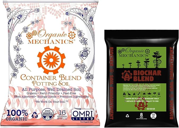 Organic Mechanics Container Blend Potting Soil 16qt + Biochar Blend Soil Amendment 8qt Bundle – Complete Growing System for Healthier Soil, Strong Roots & Higher Yields
