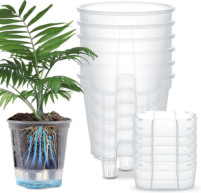 Wonderjune Self Watering Pots for Indoor Plants with Deep Reservoir and High Drainage Holes for Outdoor Plants and Flowers, Bare Root Planter(7.09'',Clear,6 Pcs)