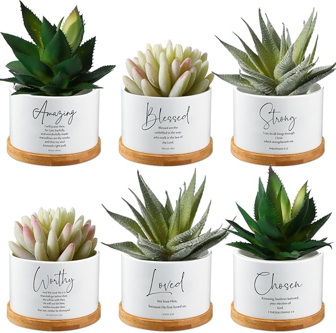 Sieral 6pcs Mothers Day Christian Gift Bible Verse Succulent Pots 3 x 3 x 2 Inch Mini Ceramic Succulent Planters with Bamboo Tray Small Plant Pots Gift for Church Women, Plants Not Included (Bright)