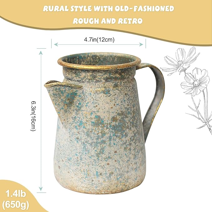 Vintage Pitcher Vase Rustic Farmhouse Vase for Flowers Vintage Metal Milk Jug Small Decorative Pitcher Shabby Chic Decor for Home, Kitchen, Bathroom, Gray