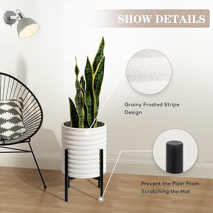 Oakrain Plants Pots with Stand, Set of 2 Indoor Planter Pots, Mid-Century Decorative Metal Flower Pots with Drainage for Living Room, Office, Garden, Balcony, 8"&10", Textured White
