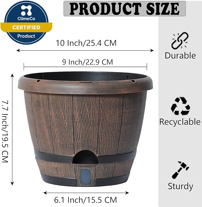 Sun-E 10 inch Plant Pots Self Watering Whiskey Barrel Planters with Drainage Hole&Saucer, Garden Home Indoor Outdoor Plants Pots, Planters for Indoor Plants, Gift Idea for Plant Lovers,Mixed Colors