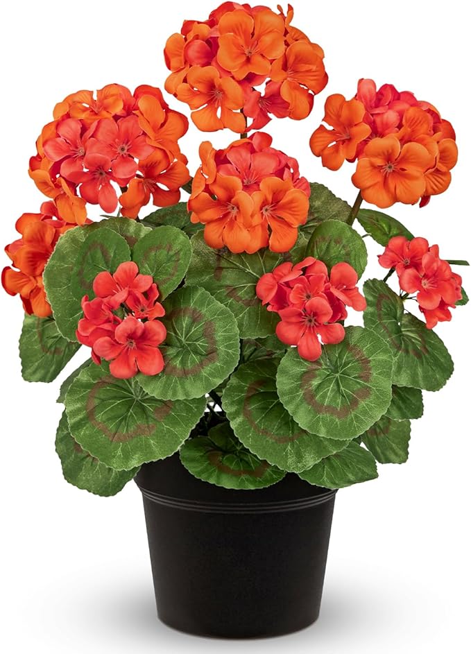 Briful 15.7in Artificial Geranium Plant in Black Pot, Orange Faux Potted Flowers, Real Touch Geraniums for Indoor Outdoor Decor, Table Centerpiece Farmhouse Home, Office, Porch & Living Room Decor