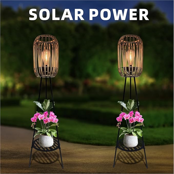 40.55'' Metal Outdoor Solar Floor Lamps with Waterproof Solar Rattan Lights Plant Stand Porch Lantern Decoration for Patio Deck Yard Garden Porch