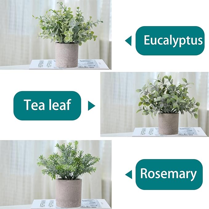 3 Pack Fake Plants Small Artificial Eucalyptus Topiaries Lifelike Faux Plant Perfect for Home Office Desk,Shelf Decor