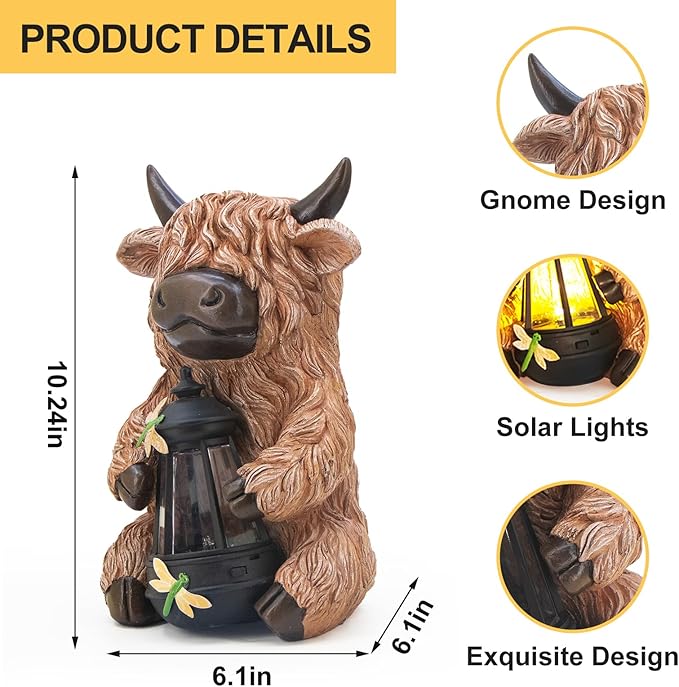 DKJOCKY Highland Cow Garden Decor Statue with Solar Light Lantern, Birthday Gifts for Women Mom Grandma, Funny Waterproof Resin Figurine Outdoor Decorations for Yard Patio Lawn Balcony Porch