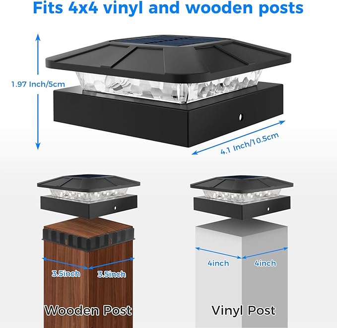 Peasur 4x4 Solar Post Cap Lights Outdoor with 3 Modes, 4 Packs LED Post Light Solar Powered Waterproof, 4x4/3.5×3.5 Wood/Vinyl Fence Posts Lights for Deck Railing Porch Mailbox Outside