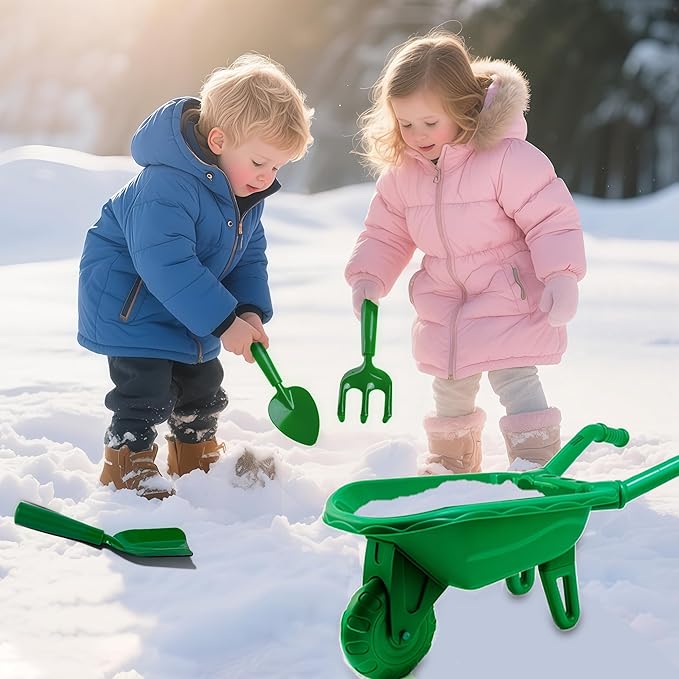 Duckura Kids Wheelbarrow Set - Gardening Tools for Kids with Shovel, Rake, Trowel, Outdoor Yard Lawn Digging Weed Toys, Easter Birthday Gifts for Boys Girls Age 2 3+Years Old(Green B)