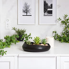 9.5'' Black Ceramic Indoor Plant Pot,Low Bowl Indoor Plant Pot with Decorative Tray, Contemporary Decorative Flower Pot for Home, Kitchen, Office & Event Décor