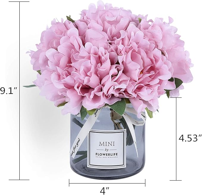 MOOMASS Artificial Peony and Glass vase, Ins Style Artificial Flower Glass Bottle Set, Suitable for Living Room, Dining Table, Office, Wedding, Hotel Banquet and Other Home Decoration. (Purple Pink)