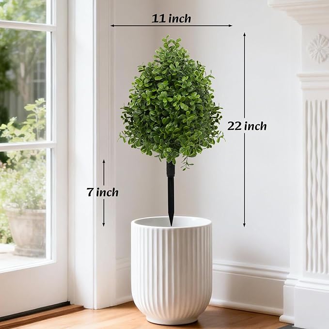 Bdor 22" Artificial Boxwood Topiary Ball Trees, Outdoor Artificial Plant Set of 2 with Ground Stakes, UV Resistant Simulated Evergreen Fake Shrub for Indoor/Outdoor Lawns, Garden Decor