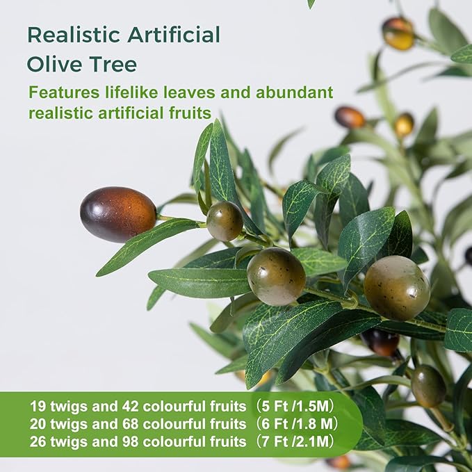 Olive Trees Artificial Indoor, 6FT Tall Faux Olive Tree with Light Kit Moss and Planter, Faux Plants Indoor with Natural Wood Trunk and Lifelike Fruits, Fake Tree for Home Office Living Room Decor