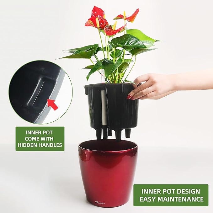Dexceder 9x8 Self Watering Planter (Red High Gloss) | Inner Pot Design, Thickened Table Flower Plant Pot with Water Level Indicator Indoor Outdoor