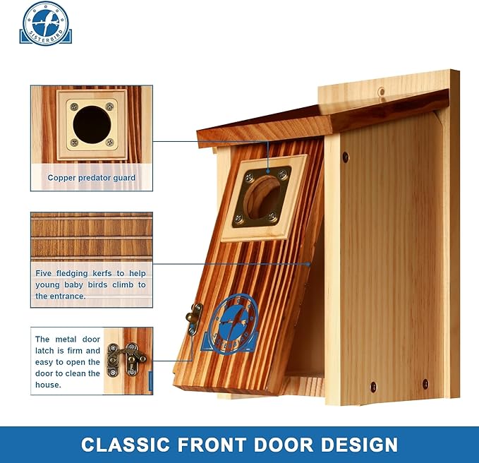 SISTERBIRD Pack of 2 Premium Bluebird Houses for Outside, Assembled Bird House Gift, Garden Decoration Bluebird House, Copper Predator Guard, Easy to Clean Bird Nesting