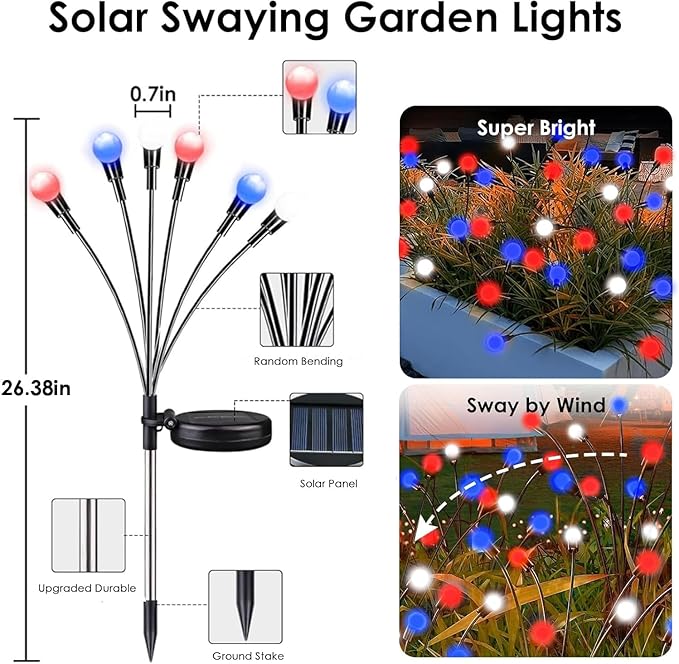 4th of July Decorations Outdoor, 8 Pack Red White and Blue Solar Garden Lights 48 LED, 2 Modes Solar Firefly Lights Outdoor Waterproof for Independence Day Garden Yard 250 Anniversary USA Decoration